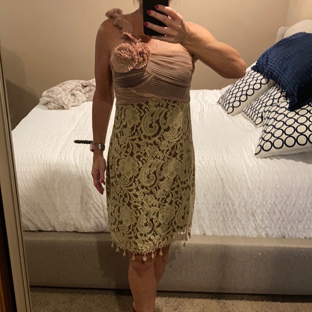Tan one shoulder midi dress